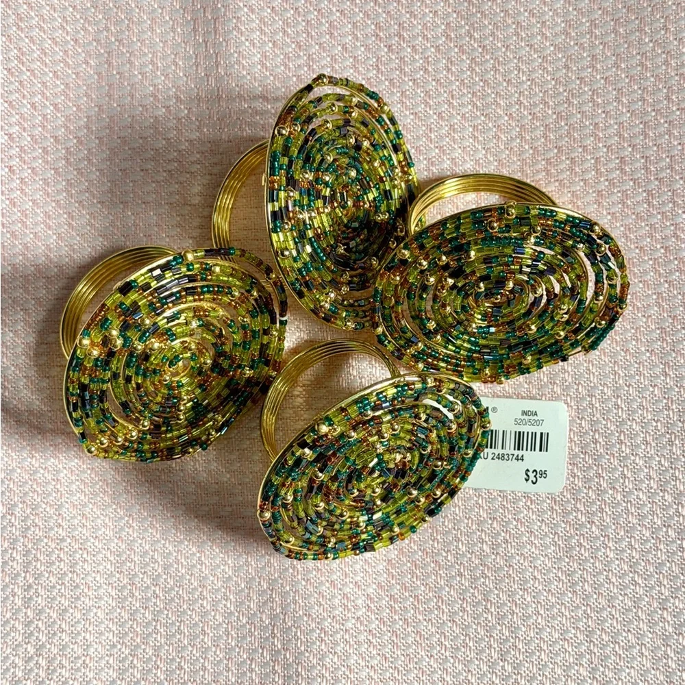 Pier 1 Beaded Napkin Rings Set of 4 Green Gold Jewel tones - EUC
